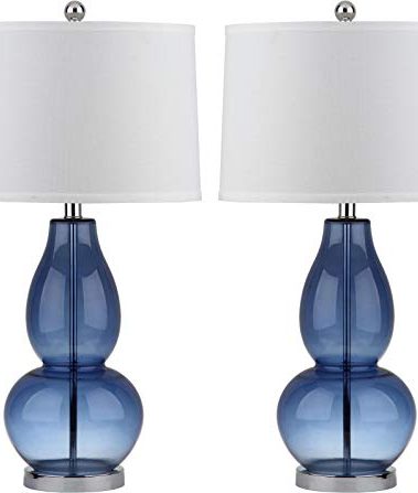 SAFAVIEH Lighting Collection Mercurio Blue Glass Double Gourd 29-inch Bedroom Living Room Home Office Desk Nightstand Table Lamp Set of 2 (LED Bulbs Included)