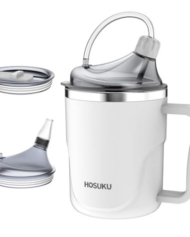 HOSUKU Spill-Proof Cup for Elderly, 13.5oz Stainless Steel Sippy Cup with Straw, Ideal for Seniors and Adults, Great for Water, Milk, and Soup (White), Health & Household Supplies