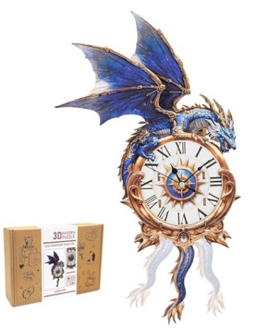 3D Wooden Puzzles for Adults - Blue Dragon Clock, Wooden Dragon Puzzle, 3D Mechanical Wood Model Kit, Good Gifts Idea for Family and Friends, DIY Model Kits for Home Decor