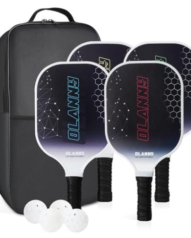 OLANNY Pickleball Paddles - Premium Rackets Face & Polymer Honeycomb Core Includes 4 Pickleball Paddles+ 2 Indoor Balls+ 2 Outdoor Balls+ 1 Portable Carry Bag