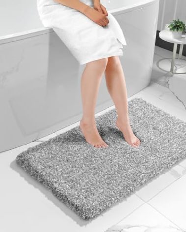 Yimobra Luxury Bathroom Rugs, Fluffy Bath Mats, Non Slip, Water Absorbent Microfiber, Machine Washable, Plush Carpet Shower Rugs, Thick Matts for Bathroom Floor&Tub, 44"x 24", Light Gray and White