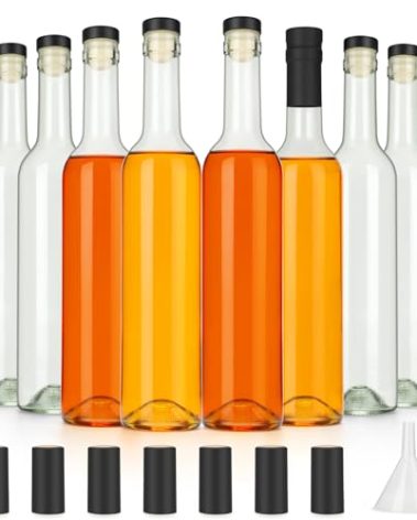 HINGWAH 16oz Clear Glass Wine Bottles with Cork Lids and PVC Shrink Capsules, 500ml Capacity, Ideal for Wines, Liquor, Juices, Homemade Lemoncello, Olive Oil, Sauces, Oils, Decorative Items (8 Pack)