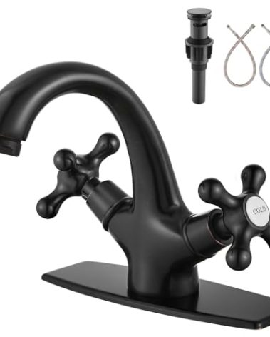 Aolemi Bathroom Sink Faucet Single Hole Cold and Hot Double Handle Cross Knobs Vanity Vessel Sink Basin Mixer Tap with Deck Cover Plate with Pop Up Drain Oil Rubbed Bronze
