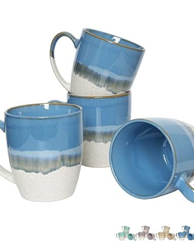 Bosmarlin Ceramic Coffee Mug Set of 4, 17 Oz, Coffee Cups with Big Handle, Microwave Safe, Unique Reactive Glaze