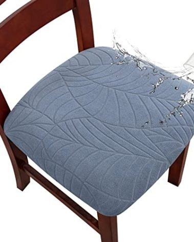 Genina Waterproof Seat Covers for Dining Room Chairs, Stretch Chair Covers Removable Washable Dinning Room Kitchen Chair Seat Cushion Slipcovers (Leaves-Light Blue, 4 PCS)