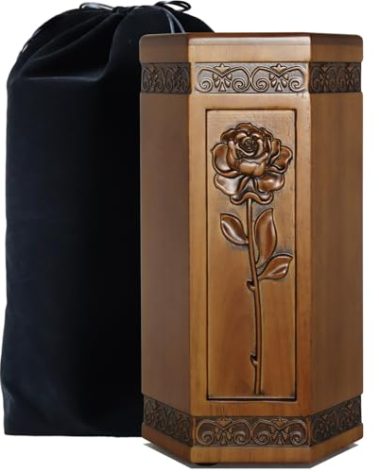 Urns for Wooden, Cremation Urn for Human Ashes Adult - Hand Engraving Rose Flower - Funeral Urn for Mother/Dad - Display Burial at Home or in Niche at Columbarium (Large Wood Decorative Urn