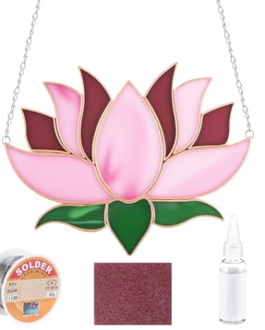 LemonRoad Unfinished Pre Cut Stained Glass for Adult Beginners Made Easy Stained Glass Craft with Solder Wire, Gel Flux, Flux Brush for Home Birthday Party Decor(Lotus Flower)