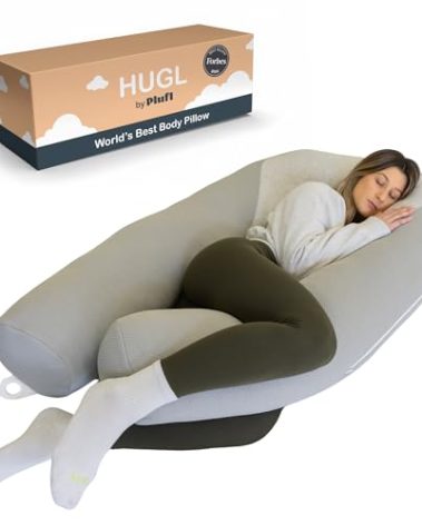 Plufl Hugl Cooling Body Pillow for Adults Made with Memory Foam | U Shaped Maternity Pillows Great for Side Sleepers & Pregnant Women | Washable Cover | Grey