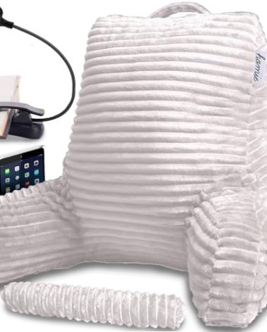 Homie Reading Pillow with Reading Light and Wrist Support, Has Arm Rests, and Back Support for Bed Rest, Lounging, Reading, Working on Laptop, Watching TV (White)