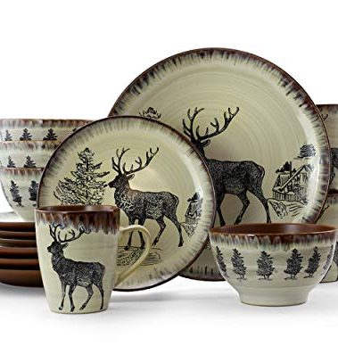 Elama Majestic Elk 16 Piece Round Stoneware Dinnerware Set in Taupe