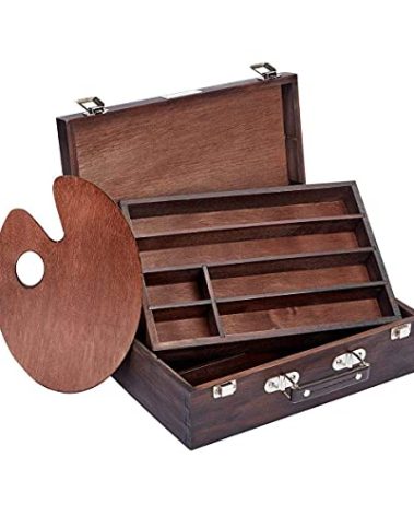 KINGART Wood Art Storage Box With Espresso Stain, 2-Tier Wood Case with 10 Dividers, Holds Markers, Paint, Brushes, Pencils, And More