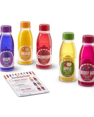 Melissa & Doug Tip & Sip Toy Juice Bottles and Activity Card (6 Pcs) Pretend Play Food Set, Play Kitchen Food For Ages 3+