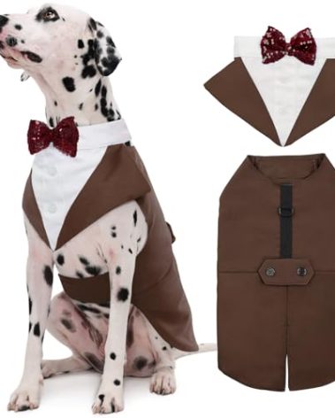 Kuoser Dog Tuxedo Dog Suit and Bandana Set, Dogs Tuxedo Wedding Party Suit, Doggy Prince Bow Tie Shirt Formal Pet Wedding Attire for Large Medium and Small Dogs Golden Retriever Samo Bulldogs