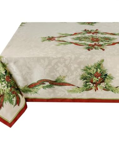 Benson Mills Christmas Ribbons Engineered Printed Fabric Table Cloth, Winter, Holiday and Christmas Tablecloth (60" X 104" Rectangular, Xmas Ribbons)