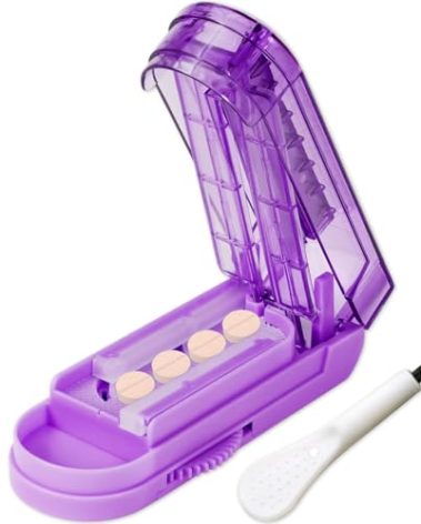 JohnBee Pill Cutter Splitter for Small and Tiny Pills. Adjustable Pill Splitter Accurately Cuts Multiple Pills at Once. Sharp Blade with Safety Guard. Non-Slip Silicone Edge (Dark Purple)