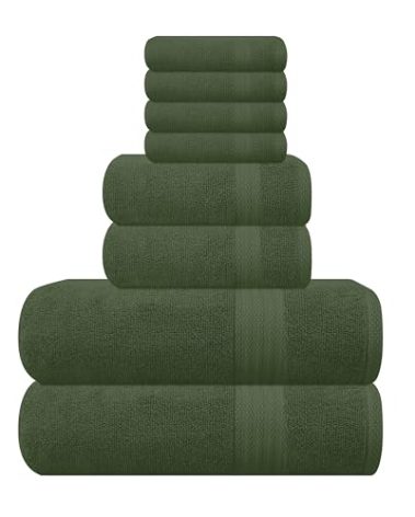GLAMBURG Ultra Soft 8-Piece Towel Set - 100% Pure Ring spun Cotton, Contains 2 Oversized Bath Towels 27x54, 2 Hand Towels 16x28, 4 Wash Cloths 13x13 - Ideal for Everyday use, Hotel & Spa - Olive Green