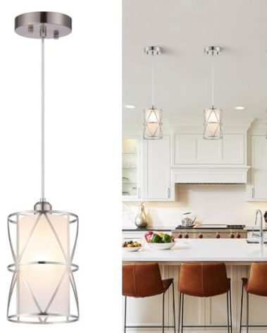 Zlierop 5.4"×7.9" Pendant Light with Frosted Glass, Modern Pendant Lights Kitchen Island, Brushed Nickel Pendant Light Fixtures, Cylindrical Pendant Lighting for Kitchen Island, Dining Room, Foyer