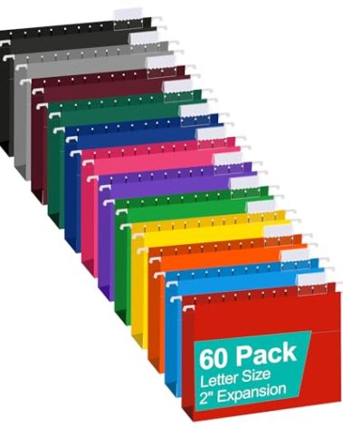 HERKKA Extra Capacity Hanging File Folders, 60 Pack Reinforced Letter Size Hanging Folders with Heavy Duty 2 Inch Expansion, Designed for Bulky Files, Medical Charts, 12 Assorted Colors