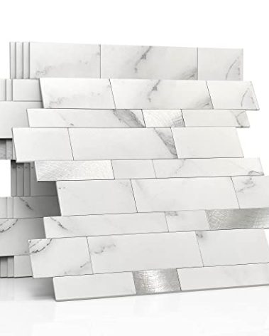 MOFIT Backsplash Tile for Kitchen Peel and Stick Stone Matte Finish,Bathroom Tiles Stickers 3D Wall Panel Linear Mosaic Marble Backsplash Waterproof(5sheets,White Silver)