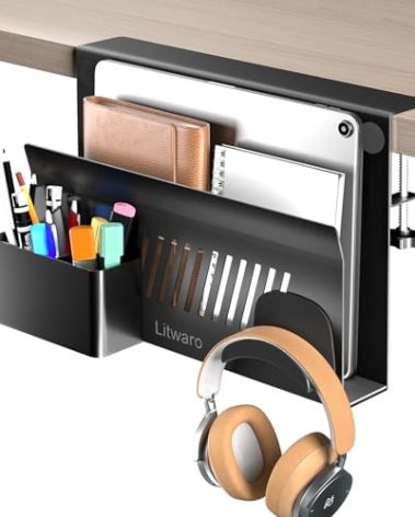 Litwaro Desk Side Storage, No Drill Laptop Holder with Magnetic Pen Holder, Clamp on Laptop Mount with Sticky Headphone Stand, Hanging Organizer for Office, Fits Flat Table Edge 0.4" to 2" (Black)