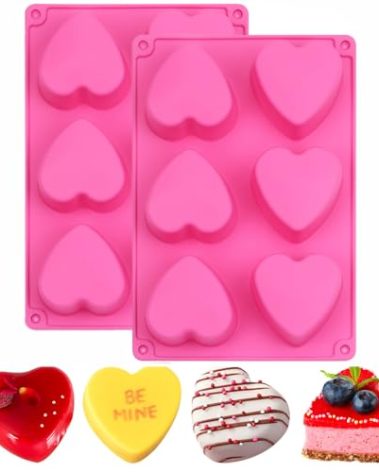 BAKER DEPOT 6 Holes Heart Shaped Silicone Mold For Chocolate Cake Jelly Pudding Handmade Soap Mould Candy Making Set of 2