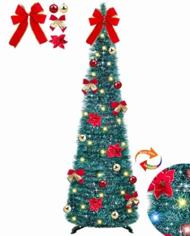 [ Timer ] 5 Ft Pop Up Christmas Tinsel Tree, Blue Collapsible Christmas Tree with 50 LED Color Light 18 DIY Ball Ornaments Bowknot Gift Boxes Battery Operated Pencil Xmas Tree Decor Indoor Home