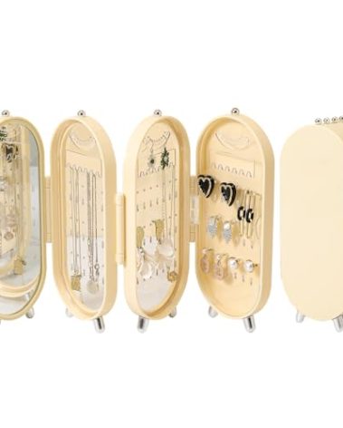 Lejesth Foldable Earring Holder Jewelry Organizer Box with Mirror, 4-Layer Dustproof Earring Necklace Display Stand Jewelry Box with 153 Holes for Women and Girls, Gifts for Girl (Light Yellow)