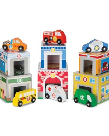 Melissa & Doug Nesting and Sorting Blocks - 6 Buildings, 6 Wooden Vehicles - FSC Certified