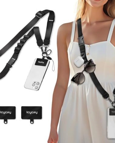 Icycay Phone Lanyard Crossbody, Black Cell Phone Lanyard for Around The Neck Adjustable Phone Strap, Anti Theft Long Lanyard for iPhone Case ID Holder Keys Phone Accessories Travel Essential for Women