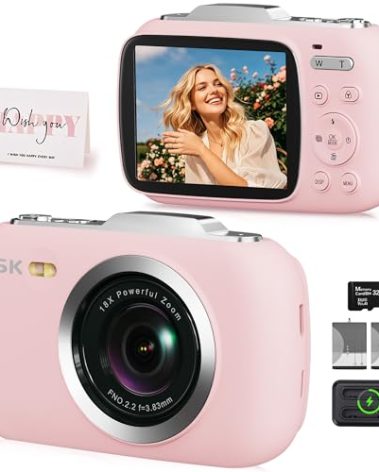 Digital Camera, 5K Vlogging Camera for Photography, 80MP Autofocus Point and Shoot Digital Camera for Beginner Teens Kids, 18X Zoom Portable Compact Travel Camera, Flash, 32GB Card & 2 Batteries(Pink)
