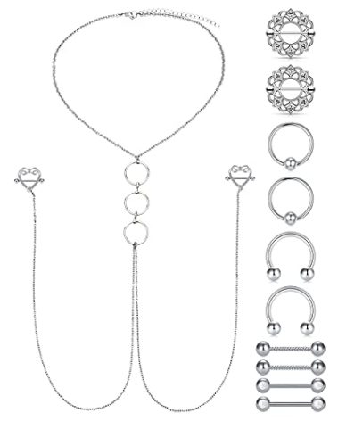 D.Bella 14G Nipple Rings with Choker Necklace - Silver Surgical Steel 14mm 16mm Piercing Barbell