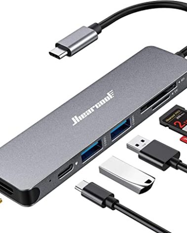 Hiearcool USB C Hub for MacBook – 7-in-1 USBC Adapter with 4K HDMI, 100W PD, USB 3.0 5Gbps Ports, SD/TF Card Reader – USB-C Dongle for Office, Meetings, Travel & Home Setup-Space Grey