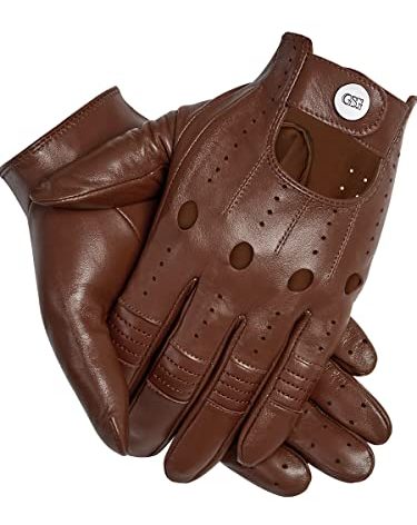 GSG Men Genuine Leather Gloves Brown Unlined Biking Touchscreen Driving Gloves Medium Palm Hole