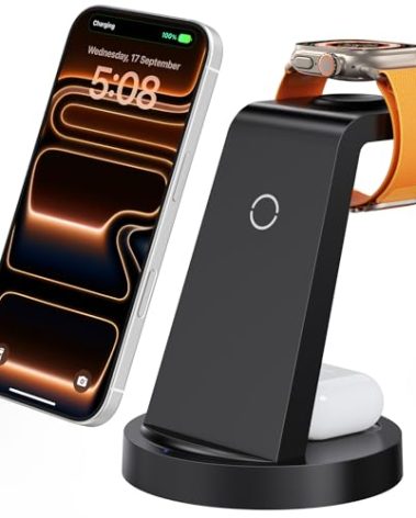Anlmz 3 in 1 Charging Station for iPhone, Wireless Charger for iPhone 17 16e 16 15 14 13 12 11 X Pro Max & Apple Watch - Wireless Charging Station for AirPods 4 3 Pro
