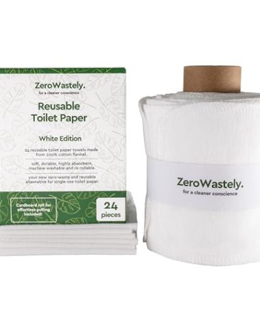 ZeroWastely 24 Reusable Toilet Paper Washable Roll - Bidet Towels Washable Toilet Paper - Cut Back & Waste Less with our Colored Super Soft, Absorbent & Re-Rollable Cloth Wipes - White Edition