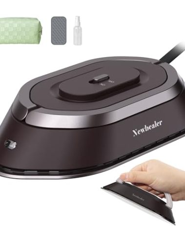 Newbealer Travel Iron with Global Voltage, 100-240V Mini Dry Iron for Clothes (No Steam), Max 300W, 60s Heat Up, 302℉ Non-Stick Ceramic Soleplate, 0.8lbs Ultra-Lightweight (Brown)