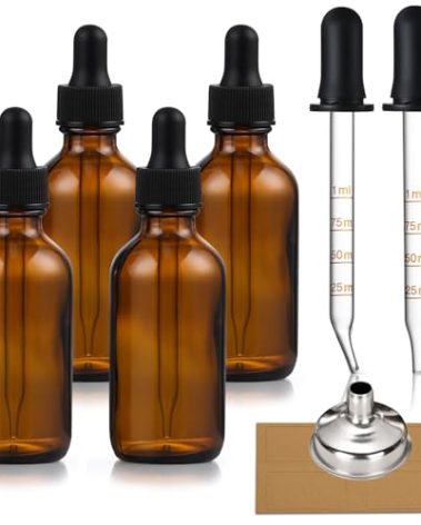 4 Pack, 1 oz Amber Glass Dropper Bottles Plus 2pcs Graduated Calibrated Glass Pipettes (1ml)- 30ml Dark Brown Tincture Bottles with Eye Droppers for Essential Oils, Liquids - Leakproof Travel Bottle