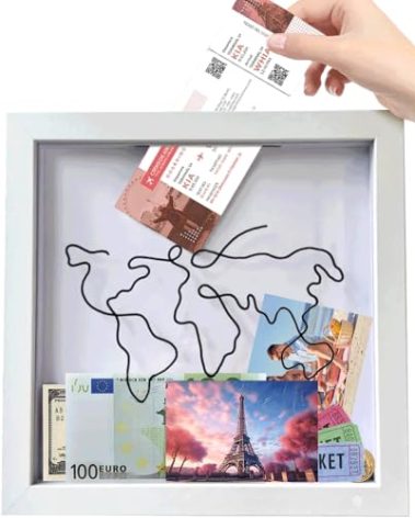 2025 Adventure Archive Box: Wooden Ticket Holder with Top Loading Display Case, Featuring a Top Slot, Travel Map World Memento Frame for Airplane, Train, and Concert Tickets (12''*12'')