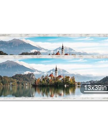 Hongkee 13x39 Puzzle Frame 2 Packs, Real Glass and Distressed White Wood Frame, Display Panoramic 13 x 39 Picture Frames - Horizontal or Vertical Wall Mounting