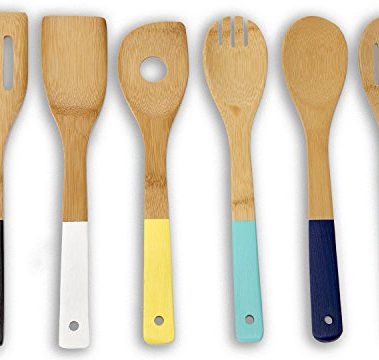 Home Basics Bamboo Cooking Utensils Set with Color Handles, 6-Piece, 2.5" x 12" x .25"