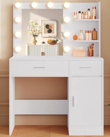 LIVELYGLOW Lighted Makeup Vanity Desk, 35.4“W x 15.7'”D x 54“H, White (with Lights and Mirror, Dimming Function, 2 Drawers and 1 Cabiniet, Open Shelves) by Boahaus