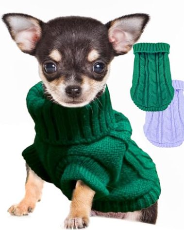 2 Pieces XXS Dog Sweater Teacup Dog Clothes Turtleneck Dog Sweater Winter Dog Clothes for Small Dogs Boy Girl, Warm Pet Coat Puppy Outfits Cat Sweater Chihuahua Yorkie Sweater, Green + Purple