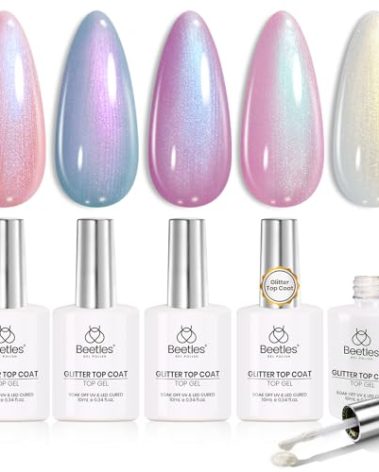 Beetles Pearl Glitter Top Coat Set, 5 Colors Iridescent Pastel Shimmer Mermaid Glossy Top Coat Gel Polish Shiny Long-Lasting No Wipe Soak Off UV LED Nail Art Gifts for Women