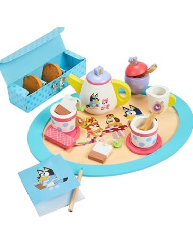 8th Wonder Bluey Toys Wooden Tea Party Set, 18-Piece Durable Toy Tea Set with Tray, Teapot, Teaspoons, and More, Pretend Play for Toddlers of Ages 3+
