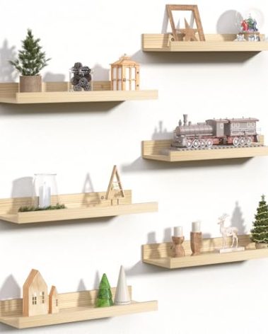 upsimples Floating Shelves for Wall, Wall Shelves for Decor Storage Set of 6, Wall Mounted Wood Shelf for Bedroom, Living Room, Bathroom, Kitchen, Picture Ledge Shelves, Natural