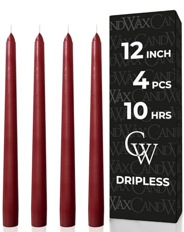 CANDWAX 12 inch Burgundy Taper Candle Pack of 4 - Unscented Smokeless Dripless Candlesticks - Candle Sticks for Party Décor, Christmas Home Decor, Dinner Table Centerpieces - Christmas Taper Candles