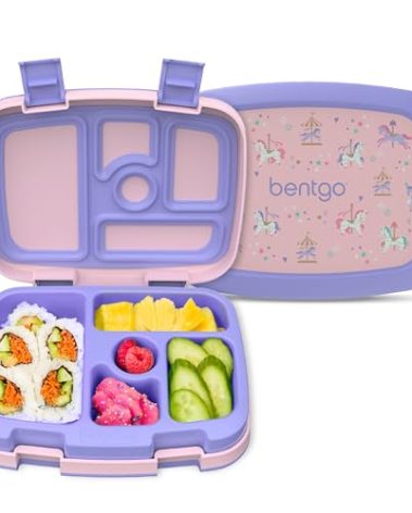 Bentgo Kids Prints Leak-Proof, 5-Compartment Bento-Style Kids Lunch Box - Ideal Portion Sizes for Ages 3-7, Durable, Drop-Proof, Dishwasher Safe, & PFAS & BPA-Free Materials (Carousel Unicorns)