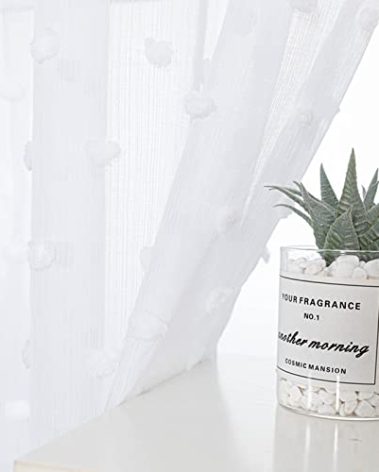 MYSKY HOME White Curtains for Living Room 90 Inch Length Long Pom Pom Curtains for Bedroom Sheer Curtain for Nursery Windows Rod Pocket Privacy Drapes Dining Room 52" x 90" 2 Panels