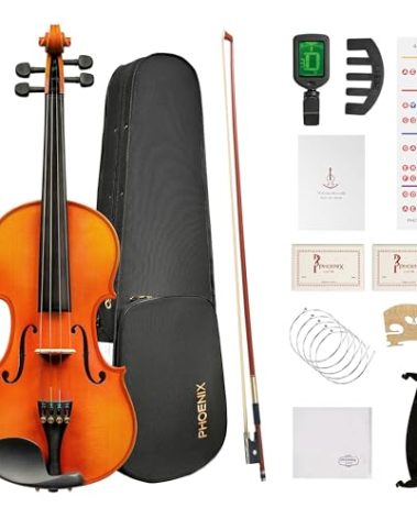 PHOENIX Violin 4/4 Full Size Set, Fiddle Solid Wood for professional Beginners Adults with Bow Extra strings & Bridge, 2 Rosins, Tuner, Mute, Case (Intermediate level, Full)