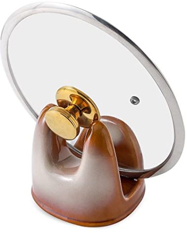 Nihow Pot Lid Holder: Stable Ceramic Pan Lid Holder for Kitchen Counter Decor/Counter top/Stove Top- Heat Resistant & Dishwasher Safe - Elegant Brown (1 PC)